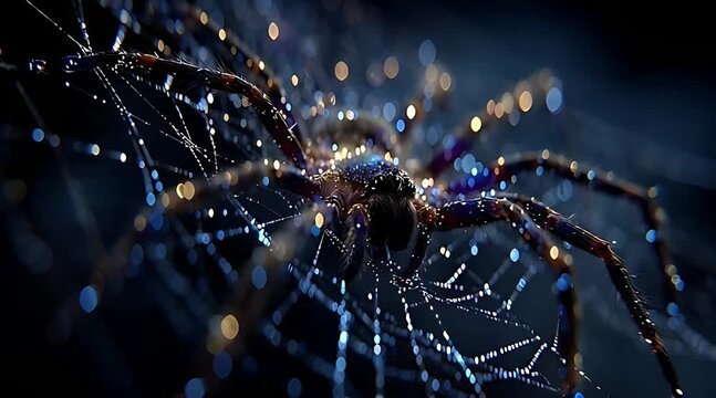 A macro view of a spider on its web, which is adorned with glistening dew drops that sparkle like magical blue and gold jewels against a dark background