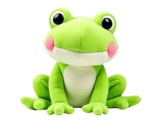 Fototapeta premium A small green stuffed frog sitting on a white surface