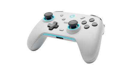 Photorealistic studio shot of a sleek, matte white next-gen video game controller with blue led accents, isolated on a bright white background and copy space. Concept of modern gaming and esports