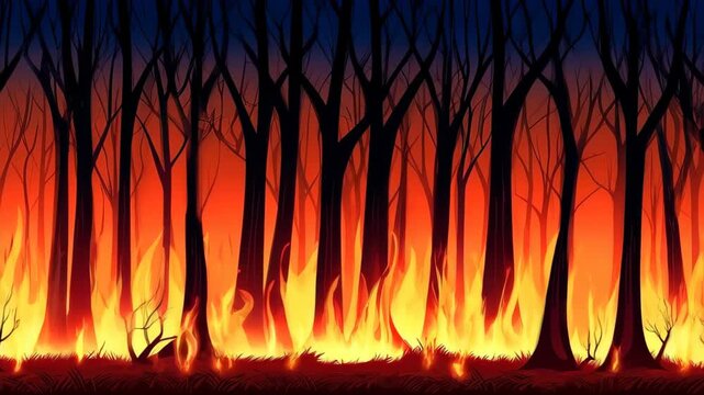 Inferno's Embrace: An artistic representation capturing the devastating power of a wildfire consuming a forest, with flames engulfing trees against a backdrop of dark skies.