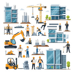 Construction Site Scene with Workers Machinery and Buildings.