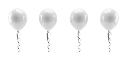 four identical, glossy white helium balloons in a row, tethered by curled silver ribbons, isolated on a brilliant white studio background maximizing copy space, concept of elegant celebration and