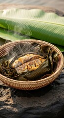 Obraz premium Steamed Congolese Maboke Fish Wrapped in Banana Leaf with Negative Space Above