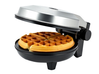 A close-up shot of a waffle maker with a freshly baked waffle inside, perfect for breakfast or brunch