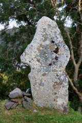 Ancient standing stone covered in lichen