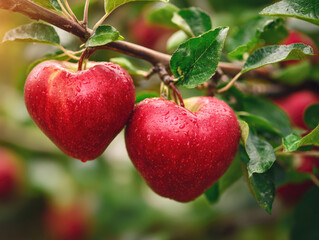 romantic red Valentine background of fresh and healthy red Sekai Ichi japanese apples fruit with green leaves background plantation garden farm.	
