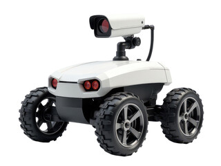 A small white toy car with a camera mounted on its top, perfect for use in illustrations, animations or as a prop in storytelling