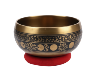 A golden singing bowl placed on a red stand, perfect for yoga or meditation