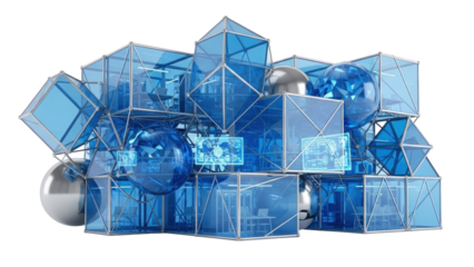 Conceptual Blue Glass 3D Innovation Lab Structure, isolated on white