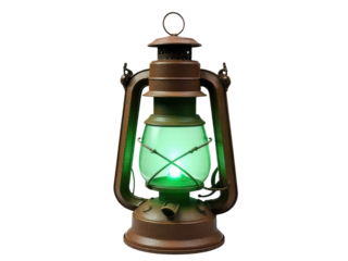 A small lantern with a bright green light inside, suitable for use in various scenes such as adventure, mystery or fantasy