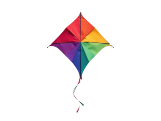 Colorful kite soaring through the air with blue sky background, suitable for use in illustrations about freedom, joy or leisure activities