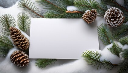 Blank White Card Nestled In Pristine Snow Surrounded By Festive Pine Branches And Pinecones Creating A Winter Wonderland Scene For Your Holiday Greetings And Brand Messages