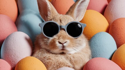 Cute rabbit wearing sunglasses among pastel Easter eggs for a fun holiday stock photo