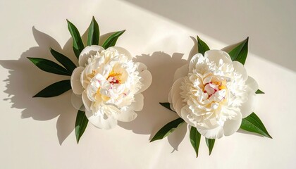 Overhead shot of two pristine white flowers with green leaves on a white surface