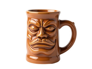A brown ceramic mug with a smiling face painted on it, great for everyday use or as a decorative piece