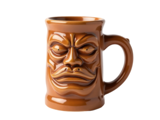 A brown ceramic mug with a smiling face painted on it, great for everyday use or as a decorative piece