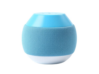 A blue and white speaker sits atop a table