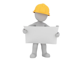 A worker in a hard hat holds a piece of paper, likely containing building plans or specifications