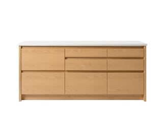 A classic wooden dresser with a white top and functional drawers