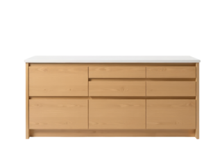 A classic wooden dresser with a white top and functional drawers