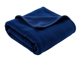 A simple yet cozy scene featuring a folded blue blanket on a clean white background, perfect for textile or home decor designs