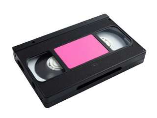 A used video cassette with a pink label, perfect for nostalgic or retro-themed projects