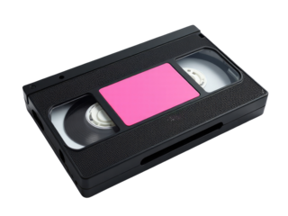 A used video cassette with a pink label, perfect for nostalgic or retro-themed projects