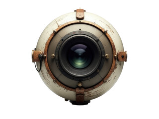 A close-up shot of a camera lens on a white background, ideal for photography-related designs and projects