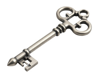 A single metal key sits on a plain white surface