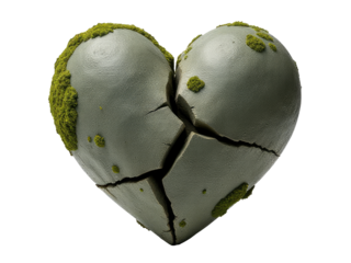A broken heart with moss growing on it