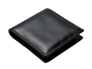 A close-up of a black leather wallet on a white background