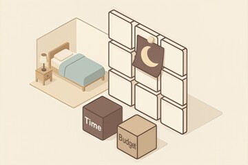Conceptual illustration of modern bedroom design featuring elements of time management and budgetary considerations capturing the essence of spatial organization and personal comfort