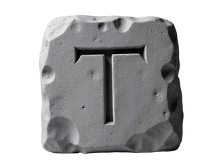 A stone block featuring an intricately carved letter T, perfect for use in decorative or educational settings