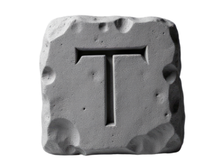 A stone block featuring an intricately carved letter T, perfect for use in decorative or educational settings