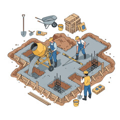 Construction Workers Pouring Concrete Foundation with Mixer and Tools.