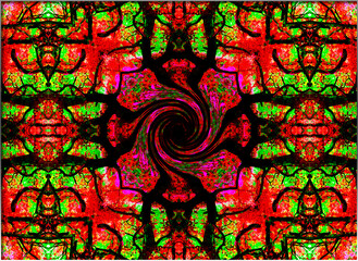 Obraz premium An intricate swirl at the center blossoms outward into a kaleidoscopic field of color. The interplay of red, green, and black adds depth and rhythm, giving the piece a vivid, magnetic presence.