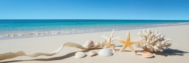 Serene Beach Treasures: An array of seashells, starfish, and coral adorns the pristine, sandy beach, with crystal-clear turquoise waters and a bright blue sky providing a picturesque backdrop.