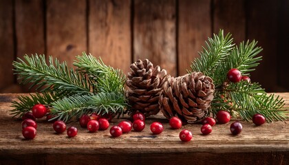 Rustic Christmas Still Life With Pinecones Rosemary And Cranberries On Weathered Wood Table