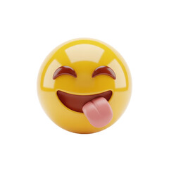 Fototapeta premium Vibrant, glossy yellow 3d emoji icon licking its lips with a pink tongue, isolated on a transparent background with abundant copy space. Concept of delicious taste and craving