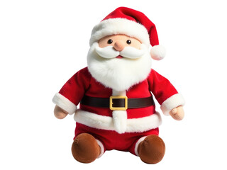 A cheerful stuffed Santa Claus sitting on a white background, perfect for winter or holiday-themed designs