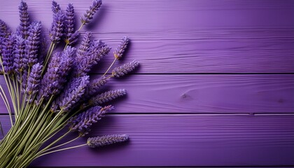 Purple Lavender Sprigs On A Textured Purple Wooden Background For Still Life Photography Flat Lay Edition