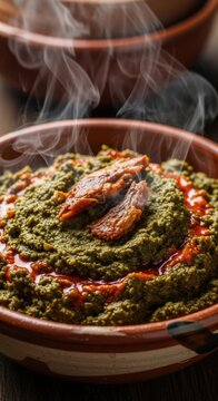 Steaming Congolese Saka-Saka Cassava Leaf Stew with Smoked Fish and Negative Space