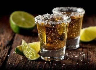 On a rustic background, tequila shots with lime and salt await. Copy space