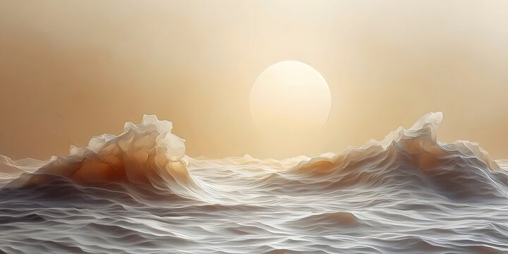 A serene sunset over a calm ocean, with gentle waves illuminated by the soft orange glow of the sun, creating a tranquil and dreamy atmosphere.
