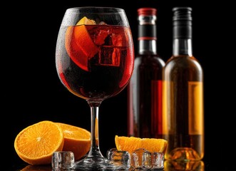 This high‑quality image shows a glass of Spanish red wine, the renowned traditional fruity sangria, or the gourmet cocktail known as vino de verano, tinto de verano