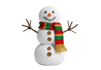 Meticulously crafted, hyper-realistic snowman with textured snow, carrot nose, and striped wool scarf, isolated on a transparent high-key studio background. Concept of festive holiday happiness