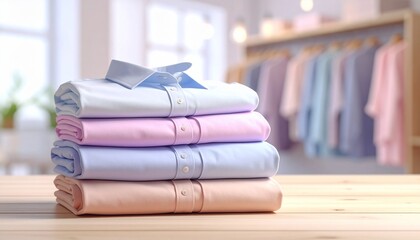 Stacked, folded dress shirts in pastel colors on a wooden table, store in the background