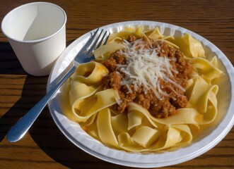 The street table hosts pasta with meat, vegetables, and cheese, a glass of tea, and plastic dishes, exemplifying street food