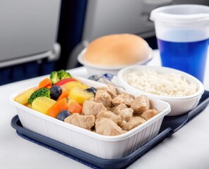The international flight offered a full lunch, with chicken, potatoes, and carrots as the centerpiece