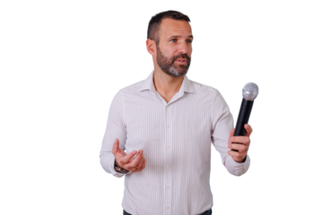 Male speaker holding microphone and gesturing, giving presentation or speech on transparent background